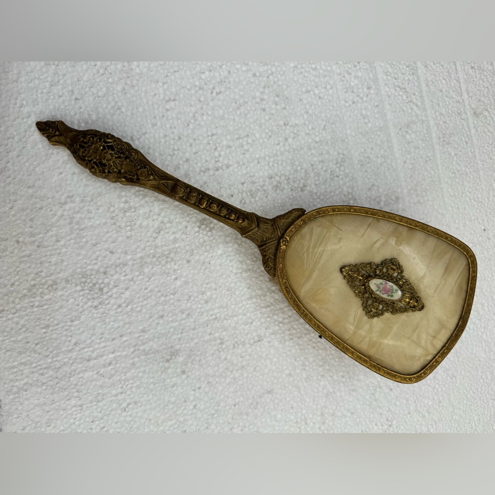 Vintage Victorian Ornate Brass Hair Brush Porcelain Inlay roses - Picture 6 of 6
